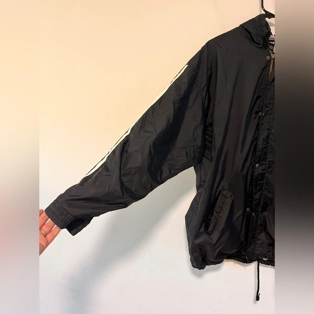 Adidas Black White Three Striped Button Zipper Front Water Resistant Jacket L